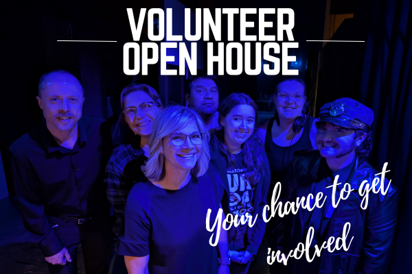 Volunteer Open House: Group of smiling people, blue lighting, text 