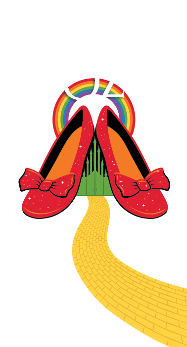 Abstract rainbow bridge with red shoes and a yellow path on a white background