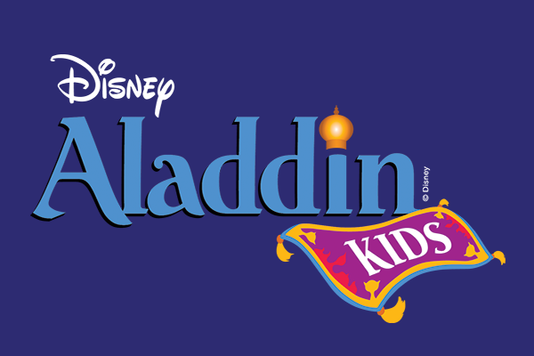 Disney Aladdin Kids logo on a purple background, with blue lettering and a colorful magic lamp design.