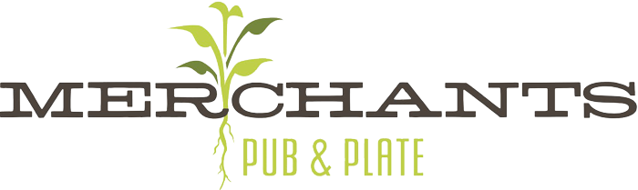 Merchants Pub & Plate logo with green plant graphic and dark gray text.
