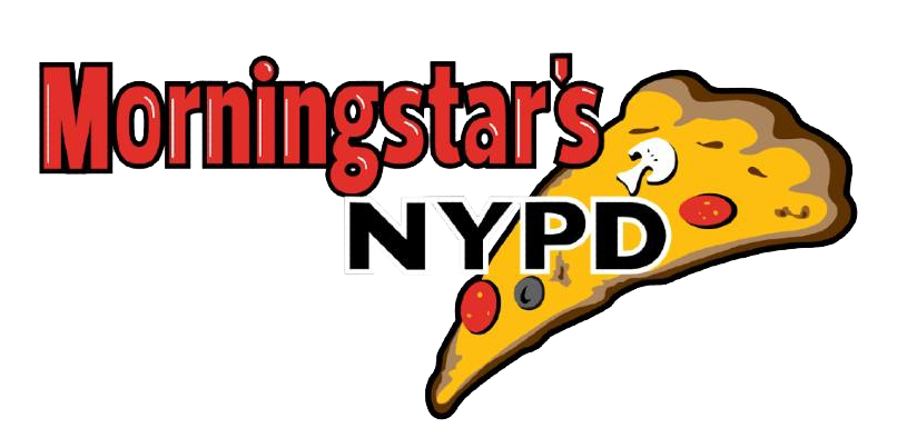 Morningstar's NYPD logo with text in red and black, pizza slice illustration with toppings.