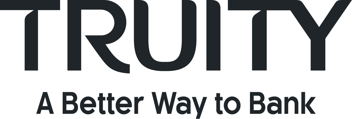Truity Credit Union logo with gray text and a red, orange, and gray leaf icon