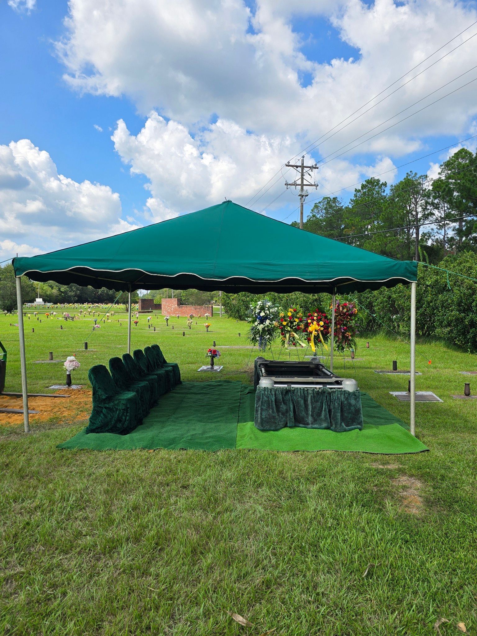 A traditional casket burial graveside setup can include 6 to 12 chairs.