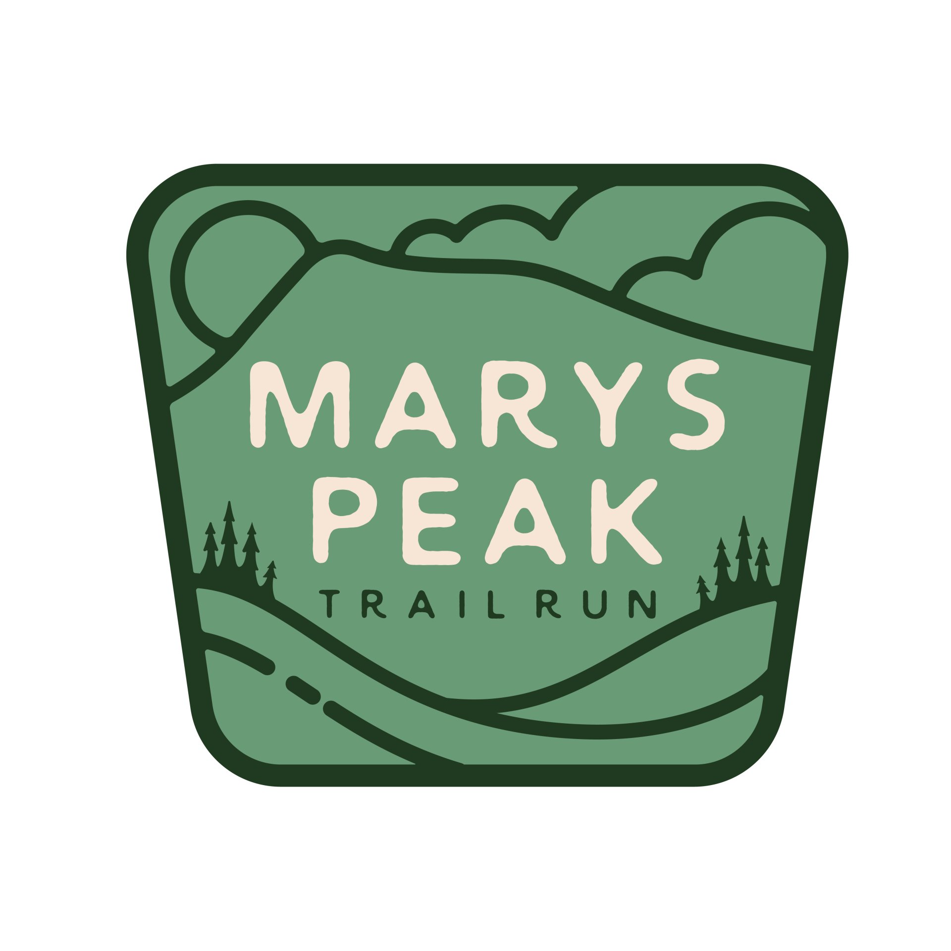 A logo for mary 's peak trail run with a mountain in the background.