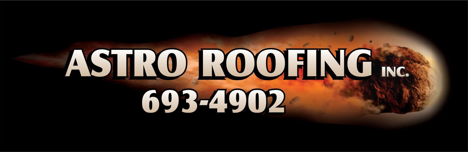 Logo for Astro Roofing Inc. in white font over an abstract orange and brown background. Includes a phone number.