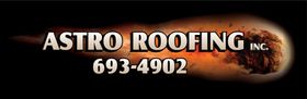 Logo for Astro Roofing Inc. in white font over an abstract orange and brown background. Includes a phone number.