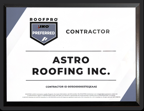 Certificate for Astro Roofing Inc. as a RoofPro Preferred Contractor.  Black framed certificate with logo and text.