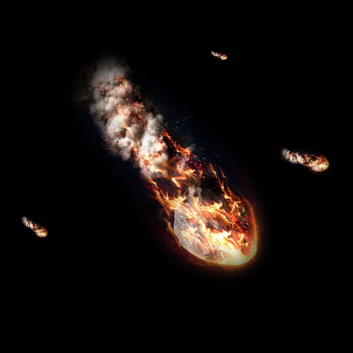 Burning meteorites against a black background, trailing smoke and fire. Several smaller meteorites are also visible.
