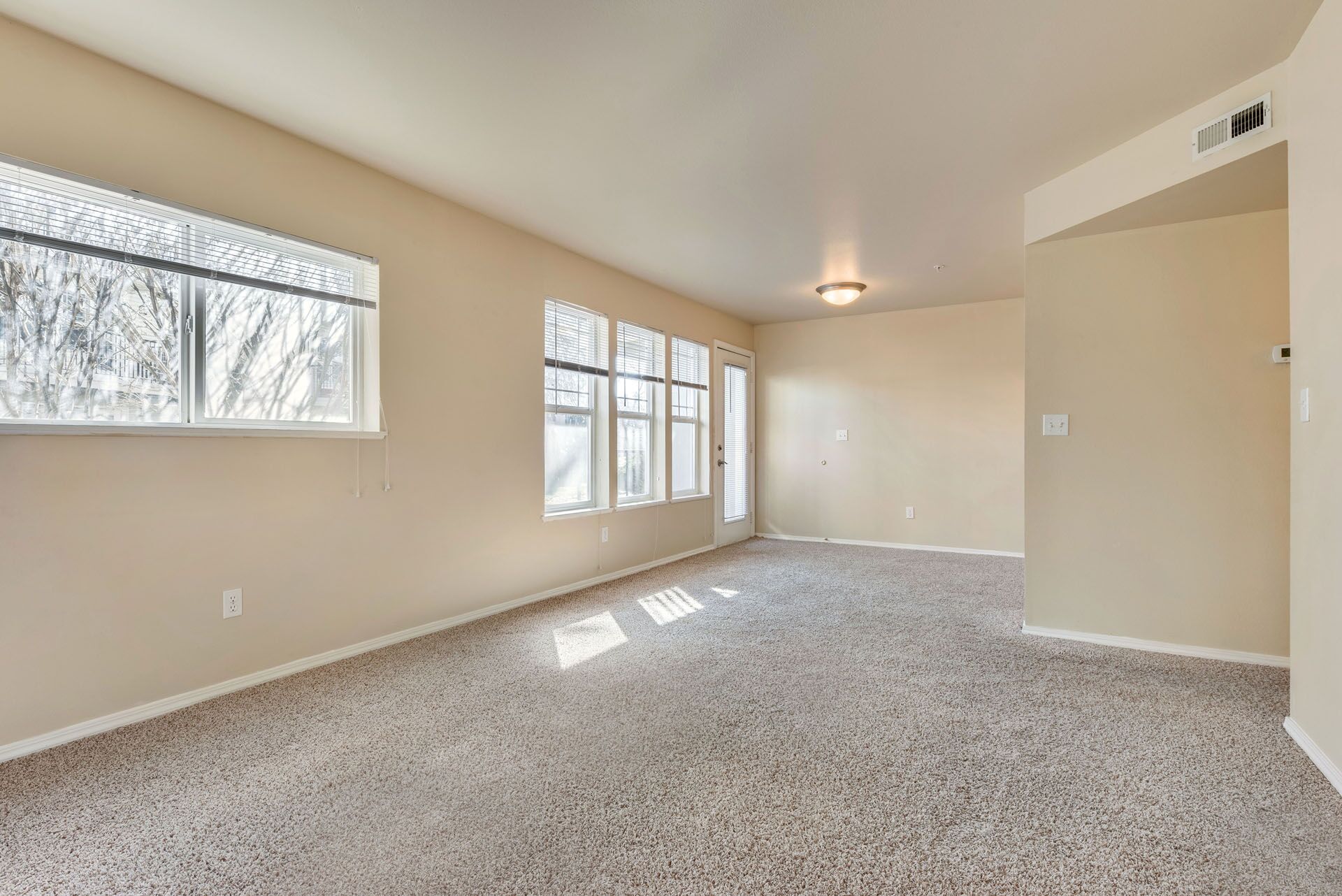 Empty beige living room with carpet, white trim, and large windows letting in natural light