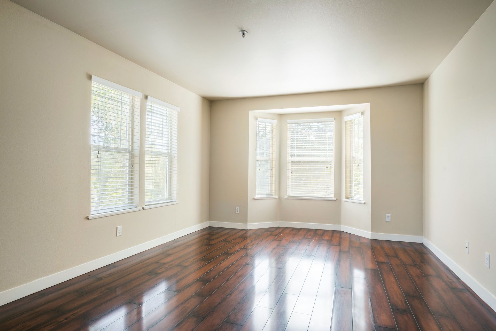 Empty beige room with hardwood floors and three sunlit windows