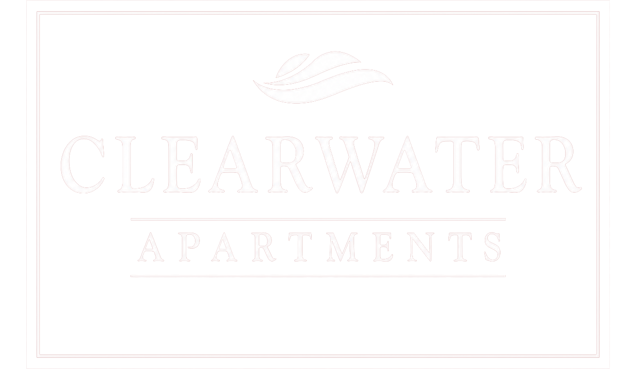 Clearwater Apartments logo in light gray on a white background