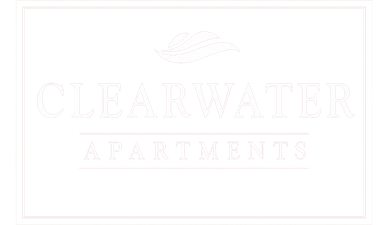 Clearwater Apartments logo in light gray on a white background