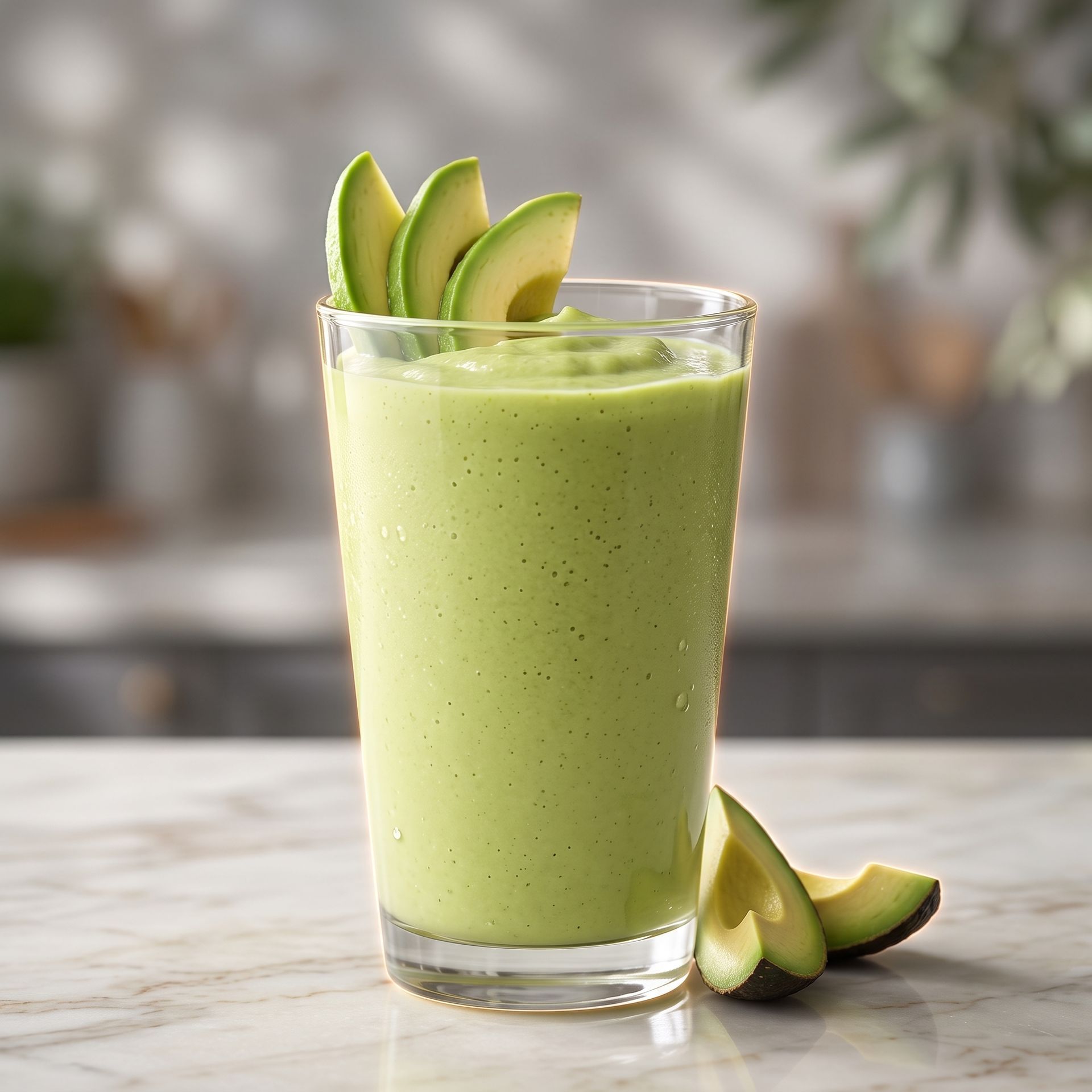 Green avocado smoothie in a glass with avocado slices on a marble countertop