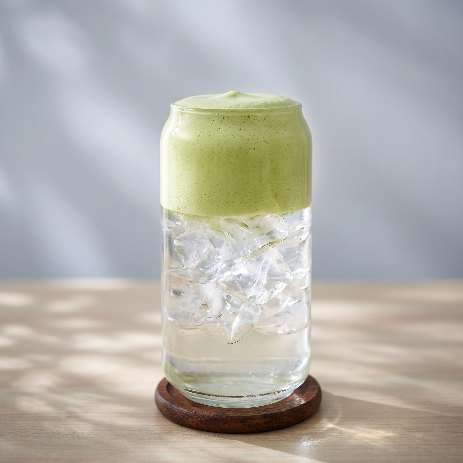Tall clear glass of iced drink topped with pale green foam on a wooden coaster