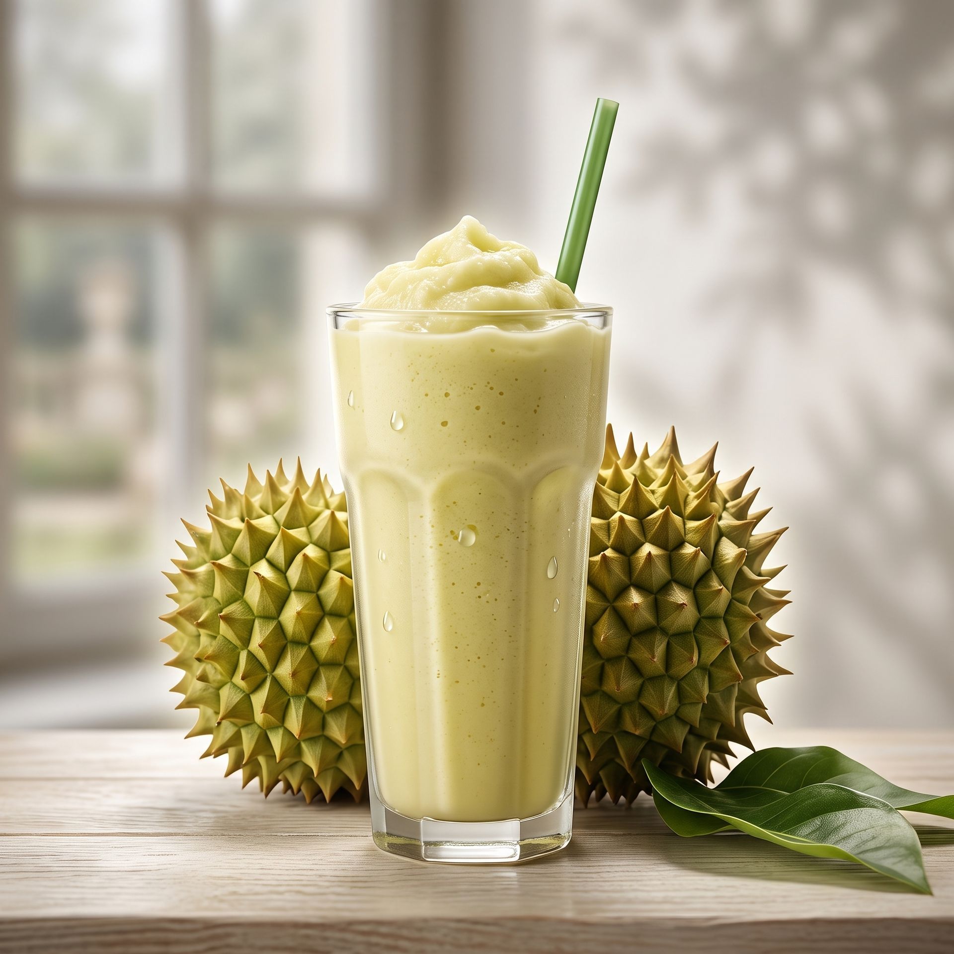 Yellow durian smoothie in a glass with a green straw, flanked by whole durians on a wooden table