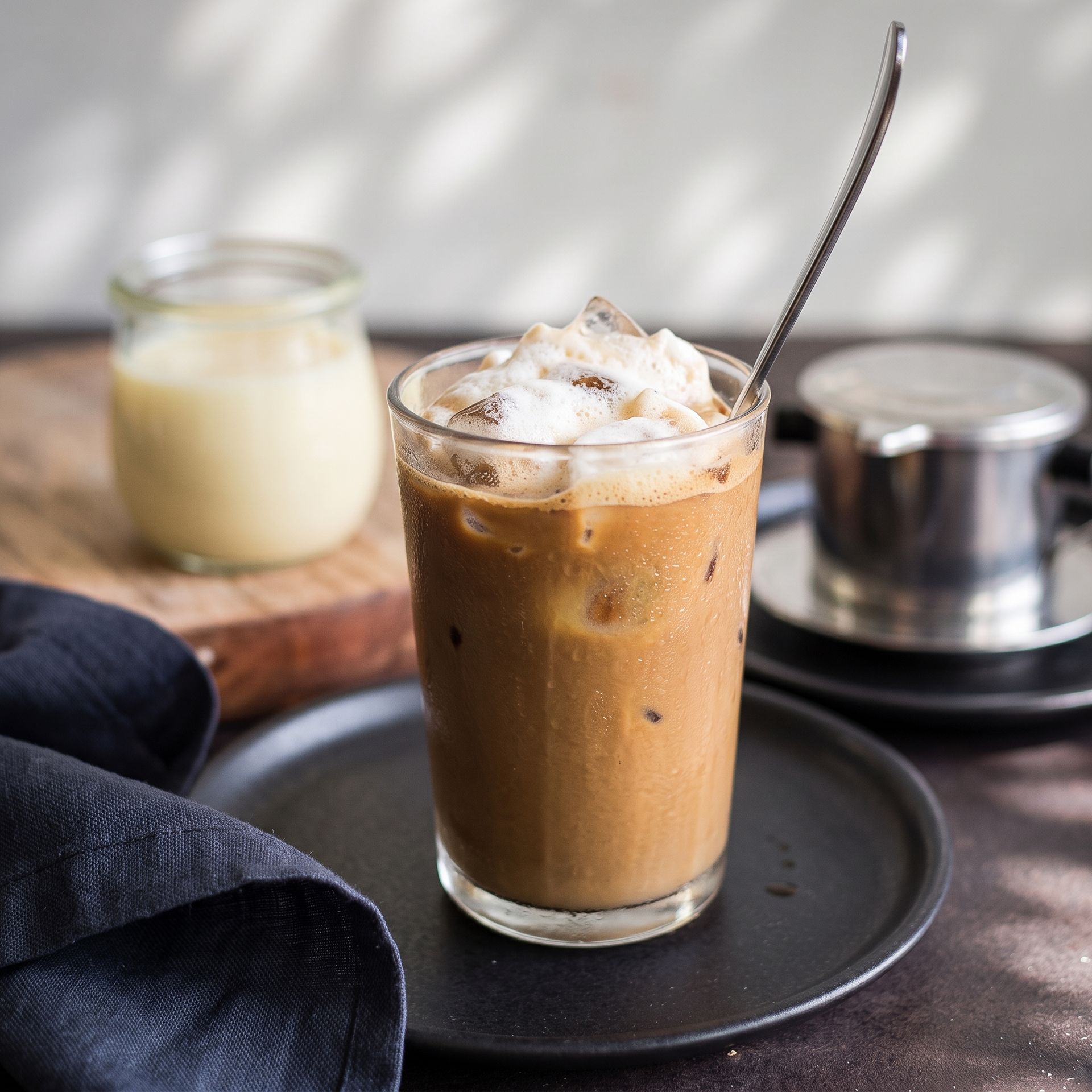 Iced coffee in a glass on a black plate, with a spoon and a jar in the background.
