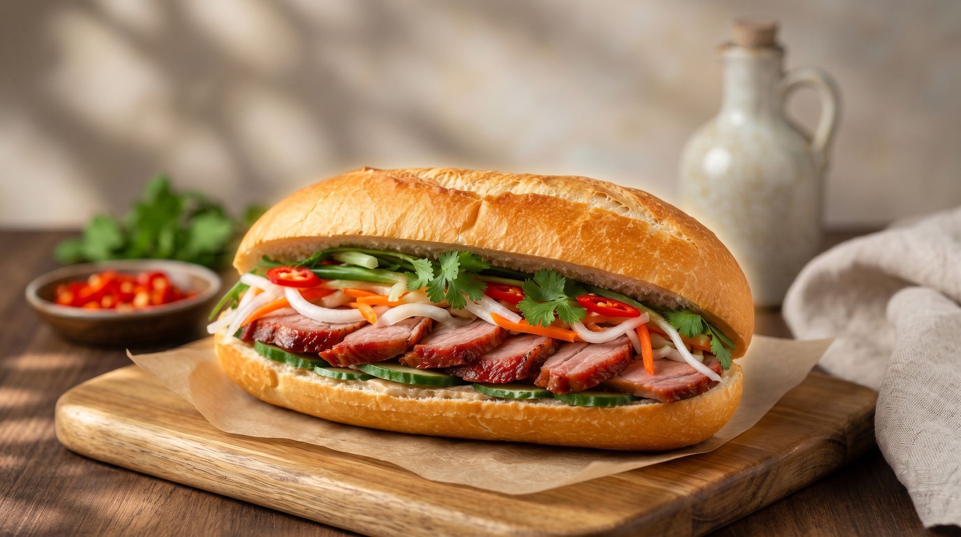 Sandwich with tomatoes, greens, and sliced meat on a wooden board, with a small bowl of tomatoes nearby