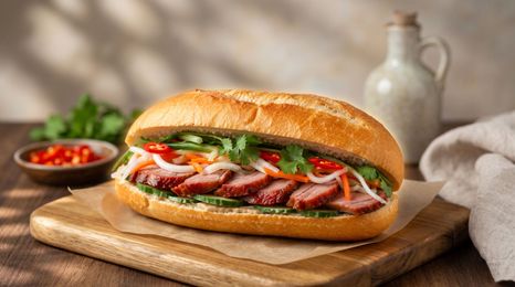 Sandwich with tomatoes, greens, and sliced meat on a wooden board, with a small bowl of tomatoes nearby