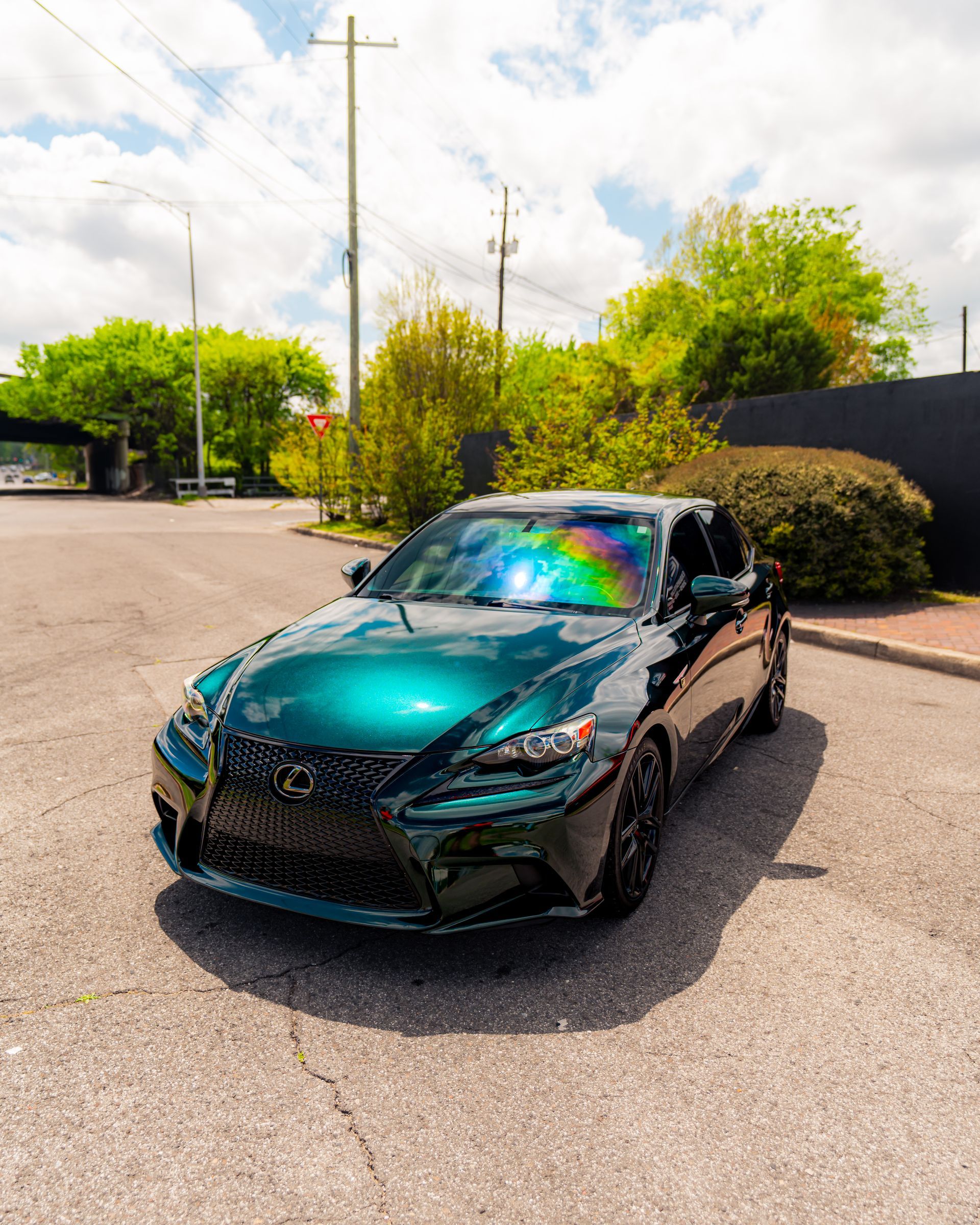 Dark green sports car parked on a sunny street near trees and utility poles