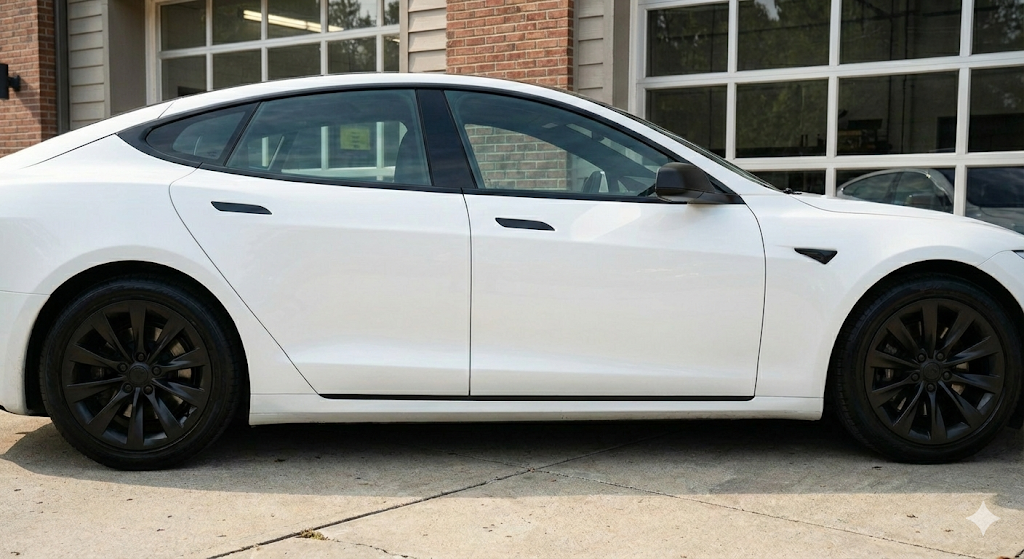 White Tesla sedan parked outdoors in front of a building with large windows.