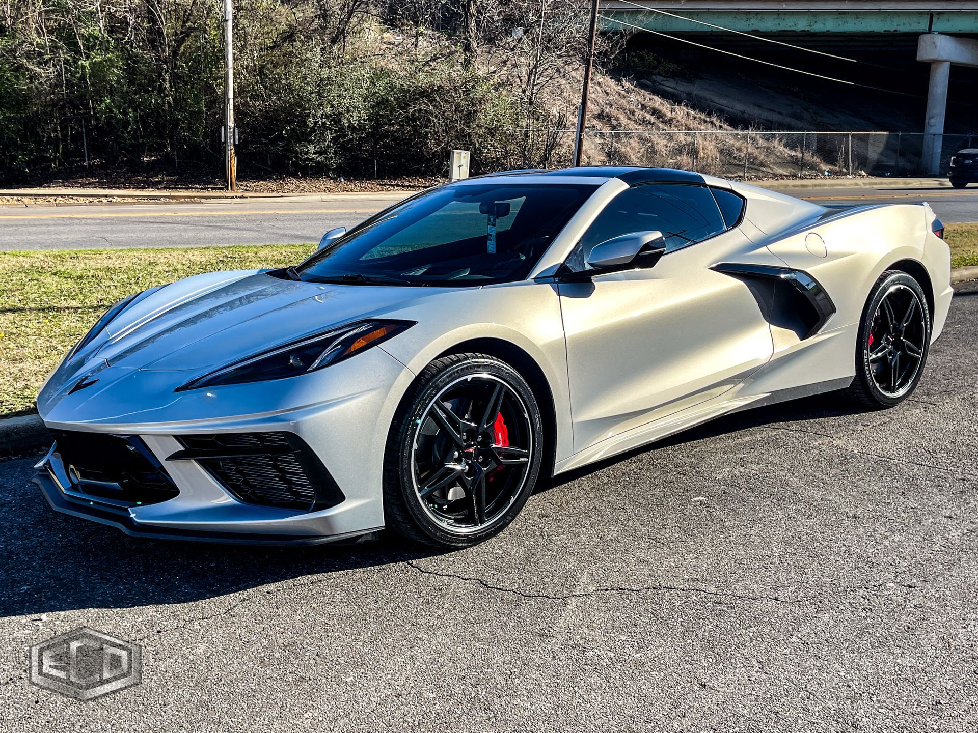 Silver sports car parked outdoors on a sunny day, side view with black wheels and red brake calipers