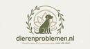 Logo voor dierenproblemen.nl met een groene hond en takken in een cirkel, met slogan eronder.