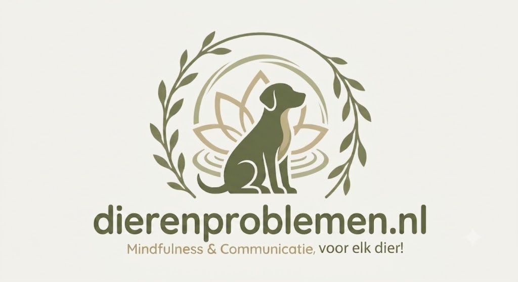 Logo voor dierenproblemen.nl met een groene hond en takken in een cirkel, met slogan eronder.