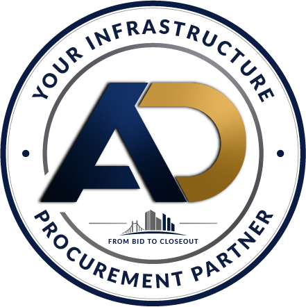 Logo for “Your Infrastructure Procurement Partner” with blue and gold AD monogram and circular text.