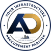 Logo for “Your Infrastructure Procurement Partner” with blue and gold AD monogram and circular text.