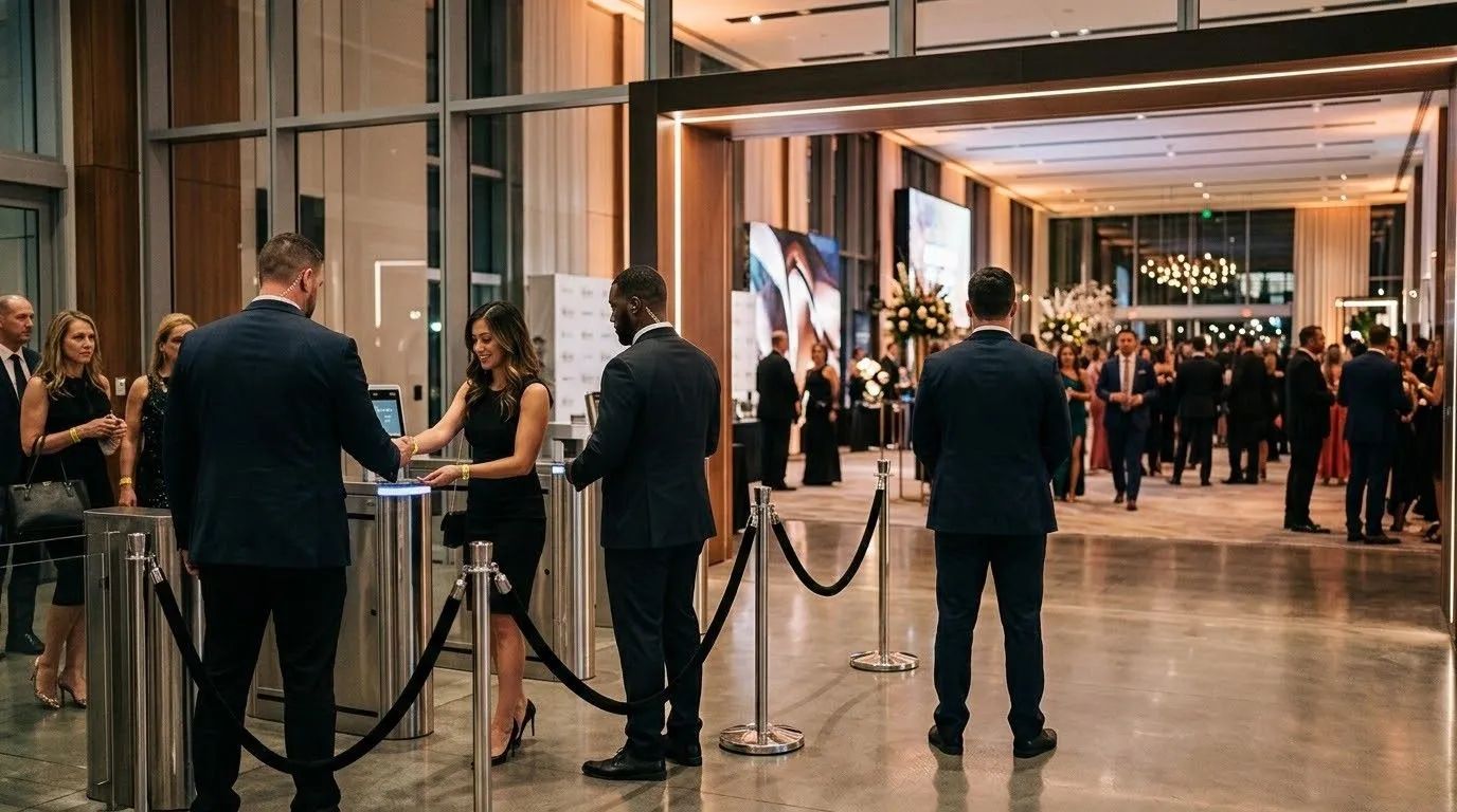 Guests and staff in formalwear at a lit event entrance with rope barriers and glass doors
