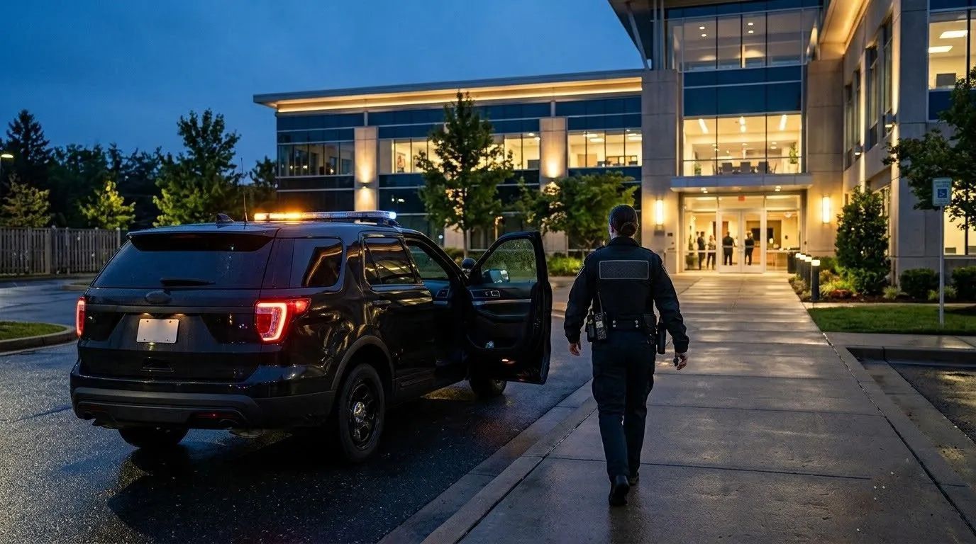 Black SUV parked outside a lit modern building at dusk, with a person walking toward the entrance