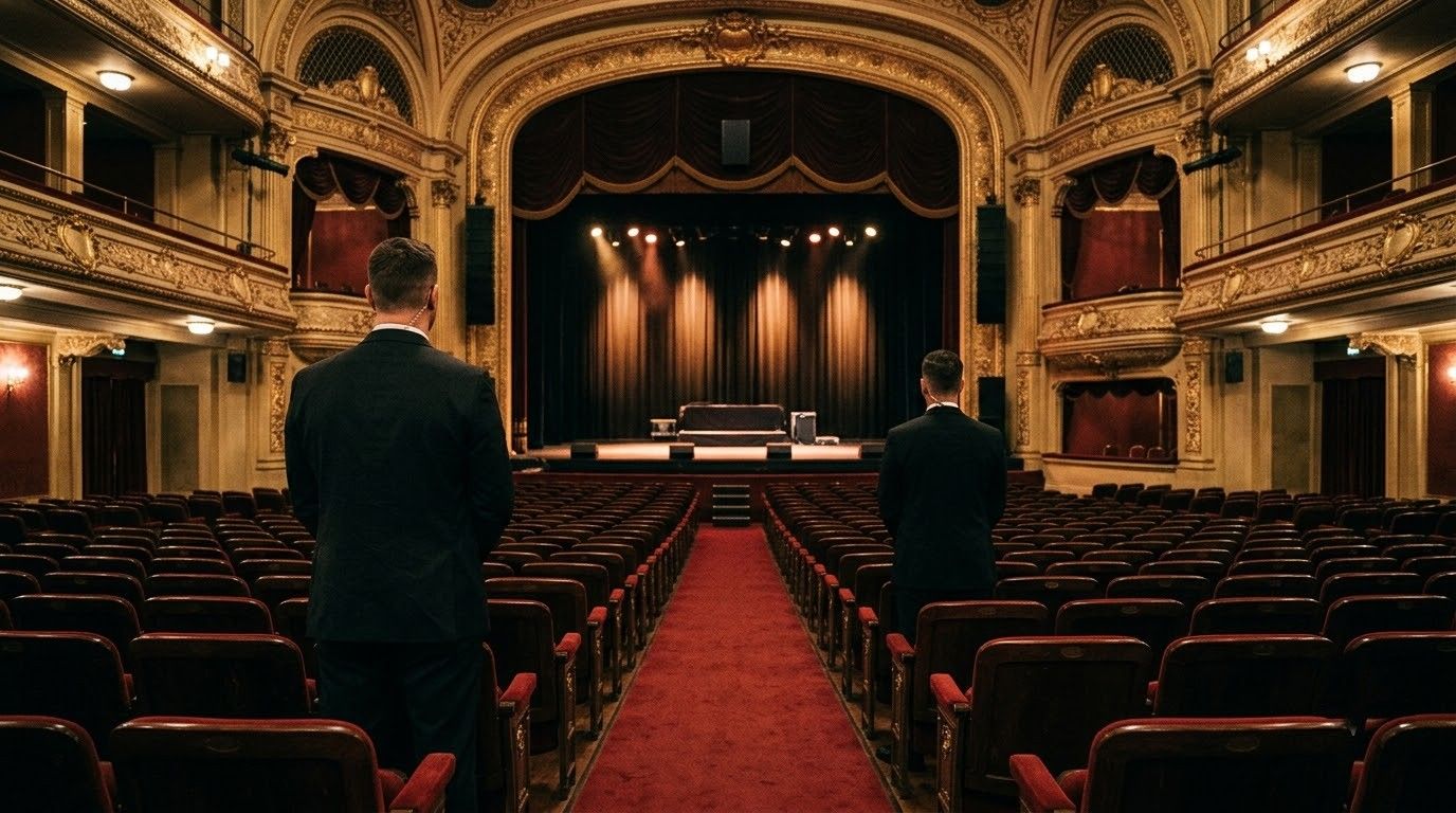 Ornate theater interior with red seats, a red carpet aisle, and a lit stage seen from the back rows