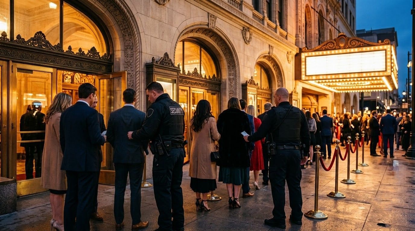 People standing in line outside a brightly lit theater entrance at dusk