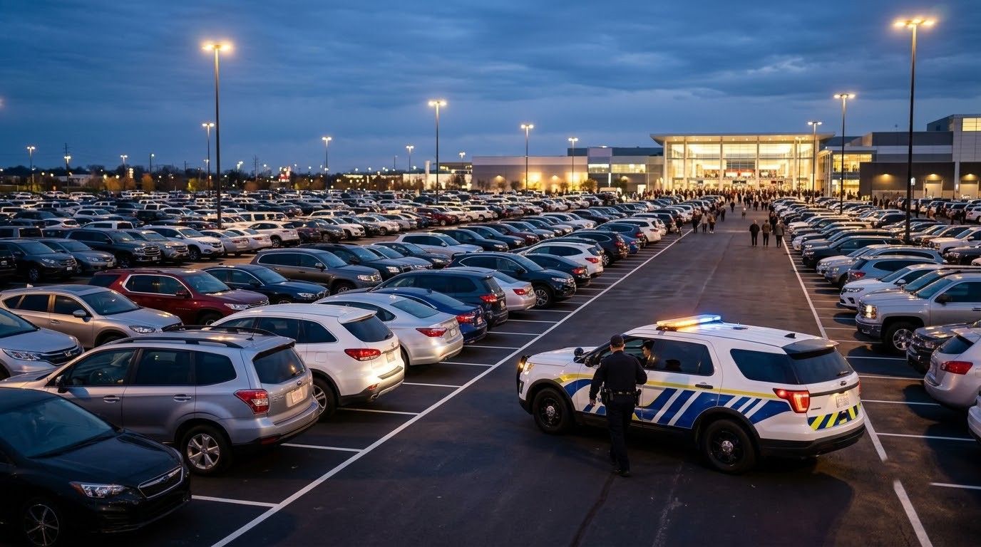Large parking lot at dusk with rows of cars and a few SUVs under bright streetlights.