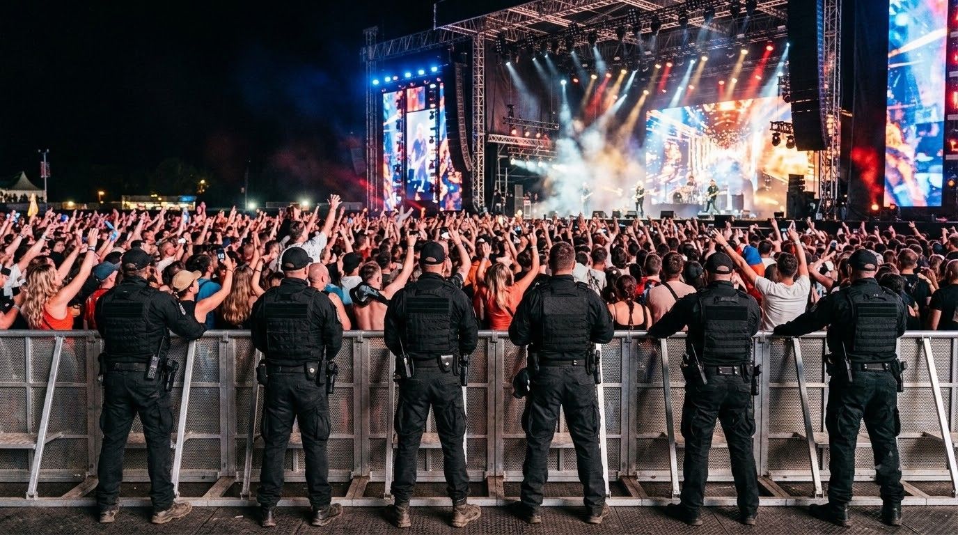 Security guards facing a brightly lit concert stage with a cheering crowd behind barriers