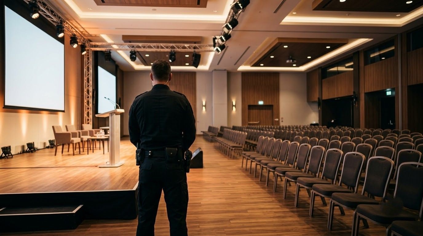 Empty conference hall with rows of chairs, stage, and a person standing at the front facing the screen