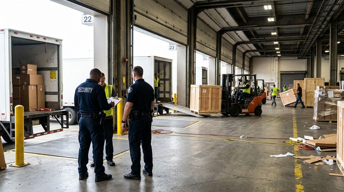 Two workers stand in a warehouse aisle beside pallets, boxes, and a forklift.
