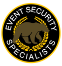 Event Security Specialists logo with bear silhouette on black circle, gold text and laurel wreath