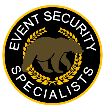 Event Security Specialists logo with bear silhouette on black circle, gold text and laurel wreath
