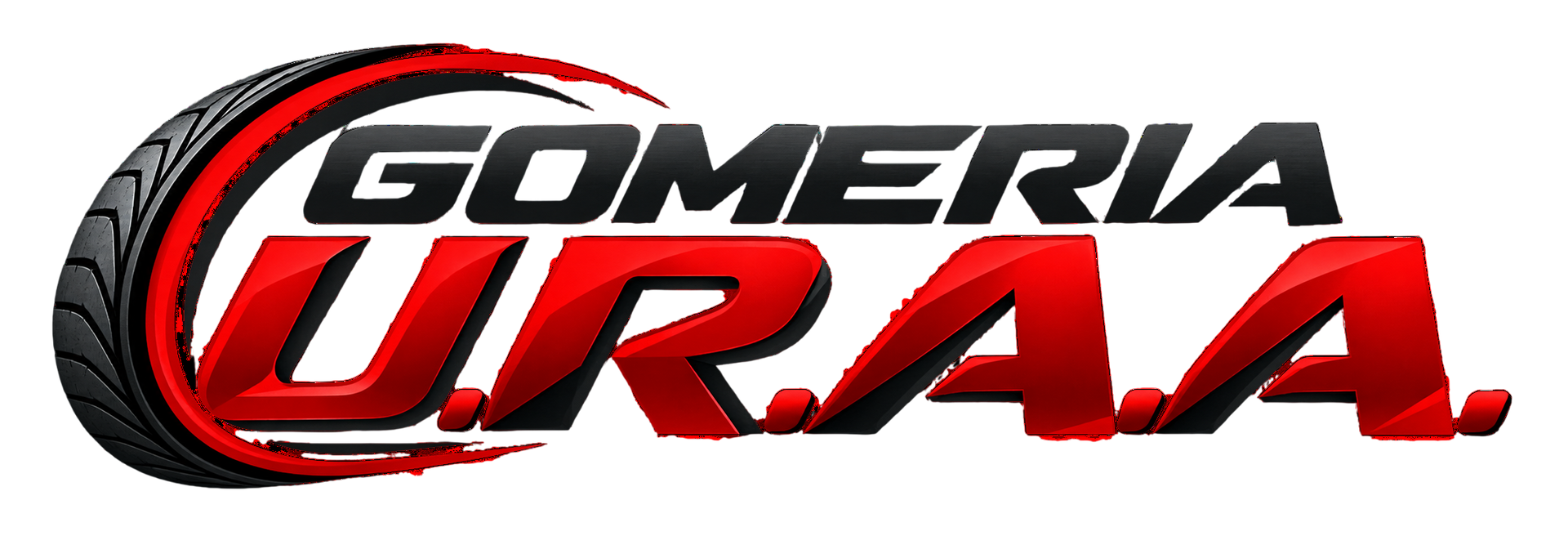 Logotipo de GOMERIA URA en rojo, negro y blanco con letras estilizadas en negrita.