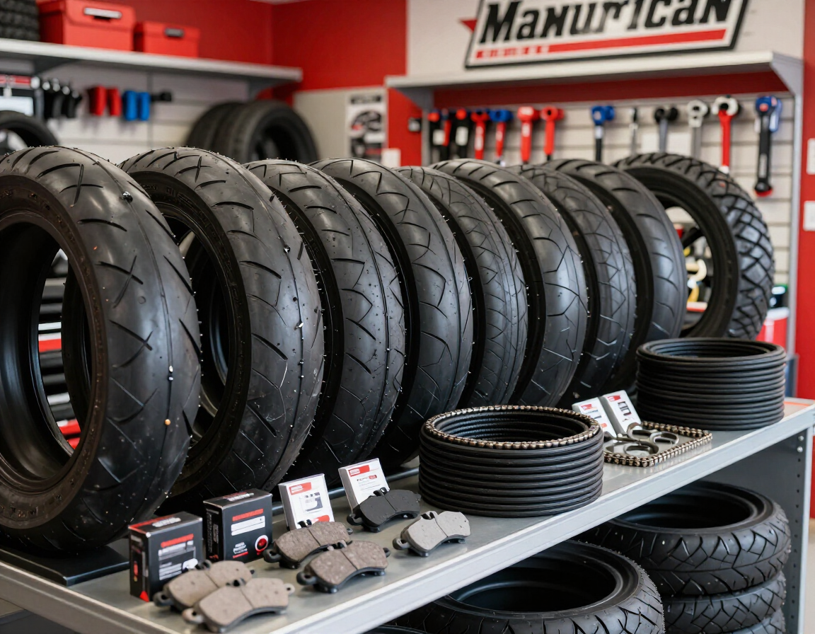 Neumáticos y repuestos para motocicletas expuestos en estantes en una tienda de neumáticos con una pared roja y un letrero que dice 