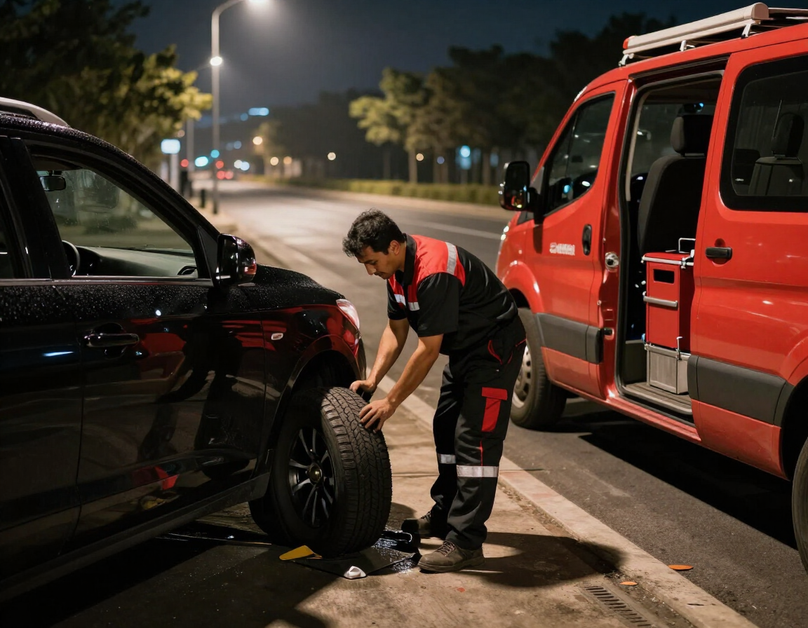 Una persona cambia una llanta de una camioneta SUV negra junto a un camión rojo por la noche en una calle de la ciudad.