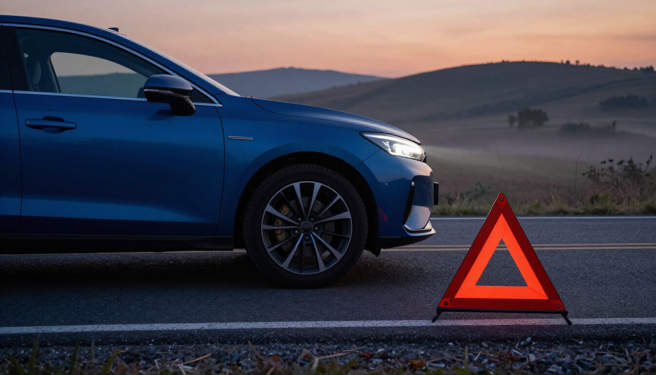 Un coche azul en la cuneta con un triángulo de advertencia rojo al anochecer en un paisaje brumoso.