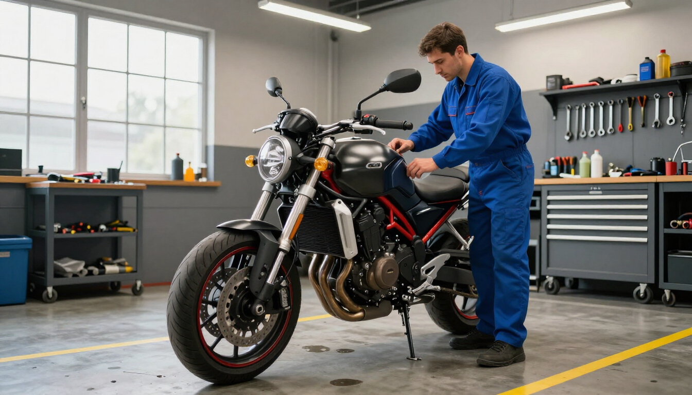 Mecánico con mono azul trabajando en una motocicleta negra en un taller mecánico.