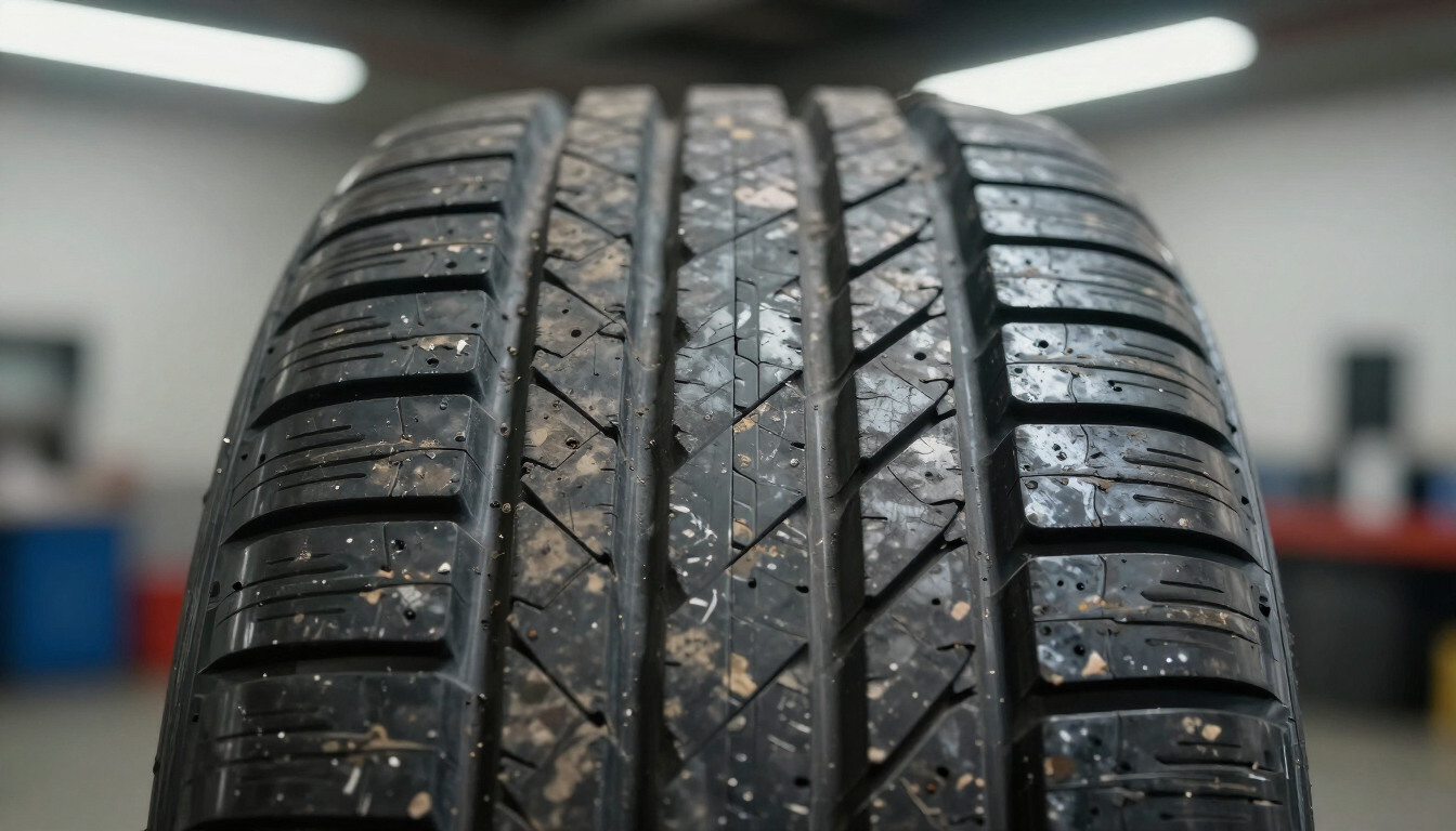 Primer plano de la banda de rodadura mojada de un neumático de coche en un entorno similar a un garaje.