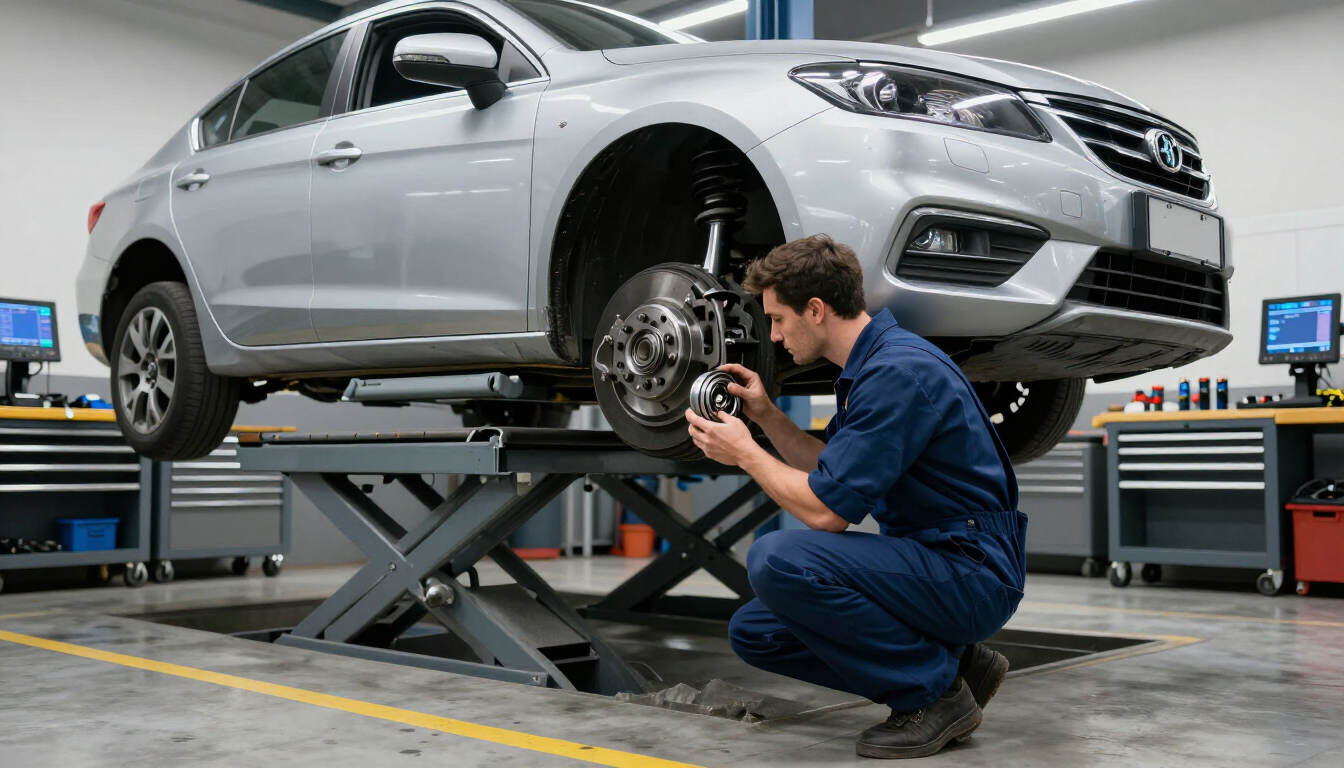 Mecánico inspeccionando un SUV plateado elevado en un elevador en un taller de reparación de automóviles.