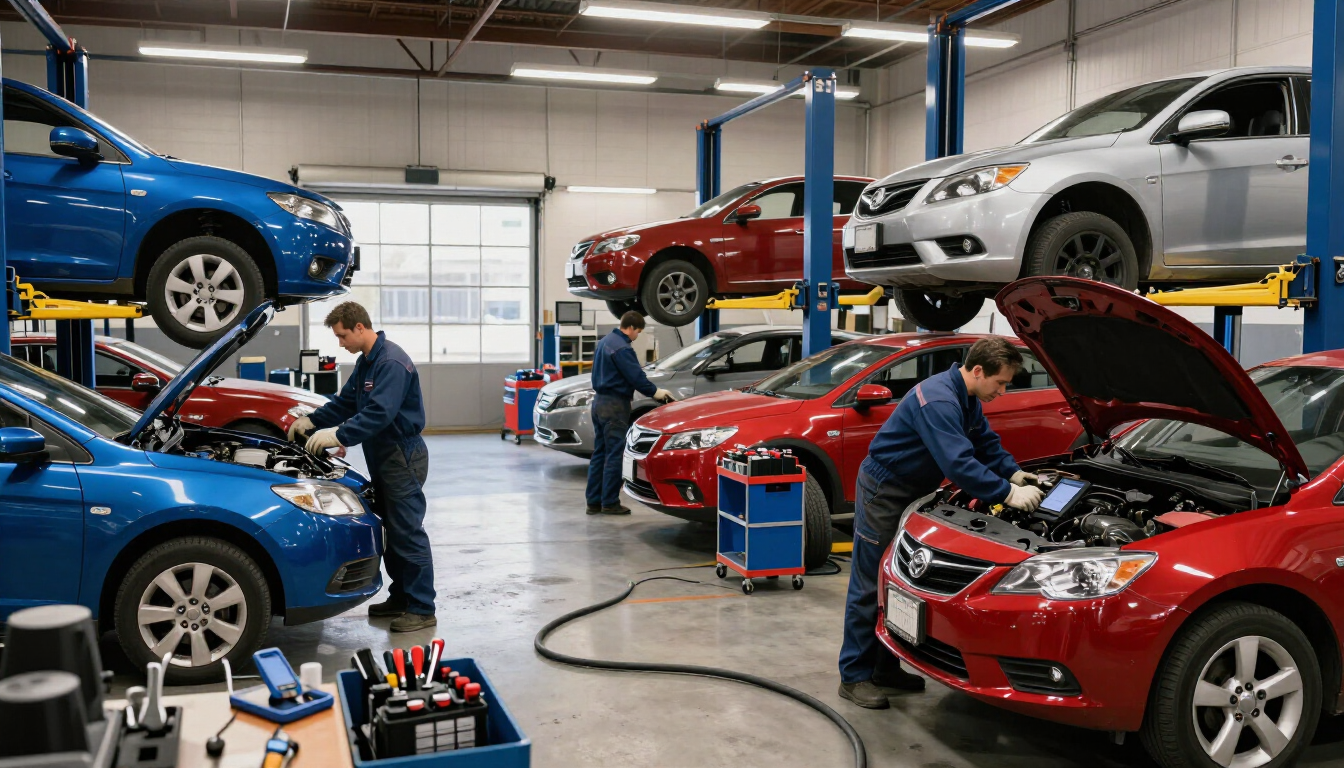 Taller de reparación de automóviles con mecánicos que dan servicio a coches azules, rojos y plateados en elevadores y en boxes.