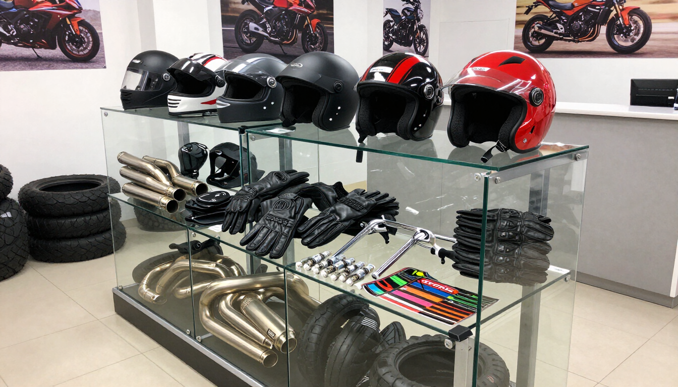 Exhibición de equipamiento para motocicletas con cascos, guantes, tubos de escape y neumáticos en estantes de vidrio en una tienda.