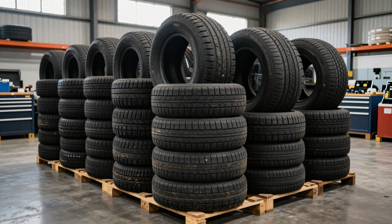 Pilas de neumáticos negros sobre palés de madera en un almacén industrial.