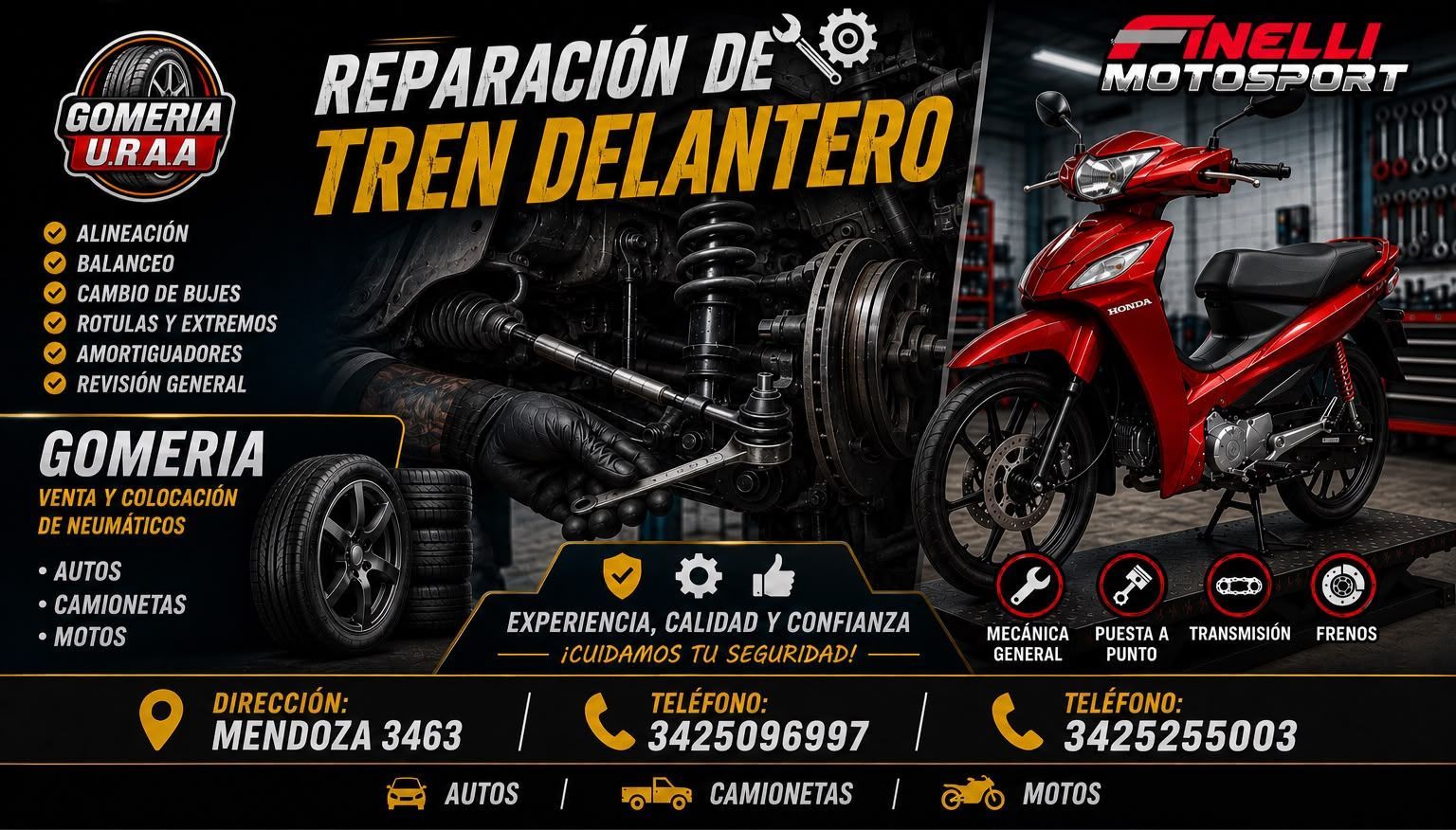 Publicidad de taller mecánico para reparación de tren delantero, con moto roja y fondo oscuro